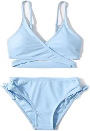 MIENOE Teen Girls' Swimsuits Two-Piece V-Neck Bikini Adjustable Shoulder Straps Swimsuit Kids Bikini with Chest Pad
