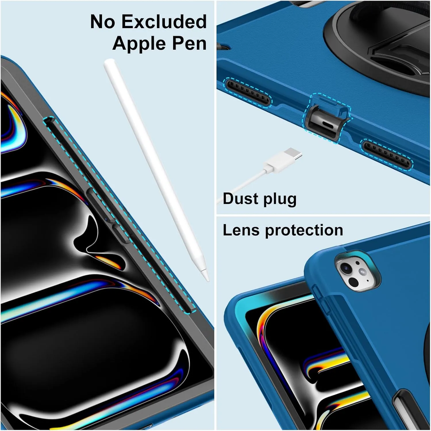 Miesherk Case for iPad Pro 13 Inch, Military Grade Heavy Duty Shockproof iPad 13 Case (2024, 7th Generation) - Screen Protector, Rotating Stand, Pencil Holder, Hand/Shoulder Strap, Blue