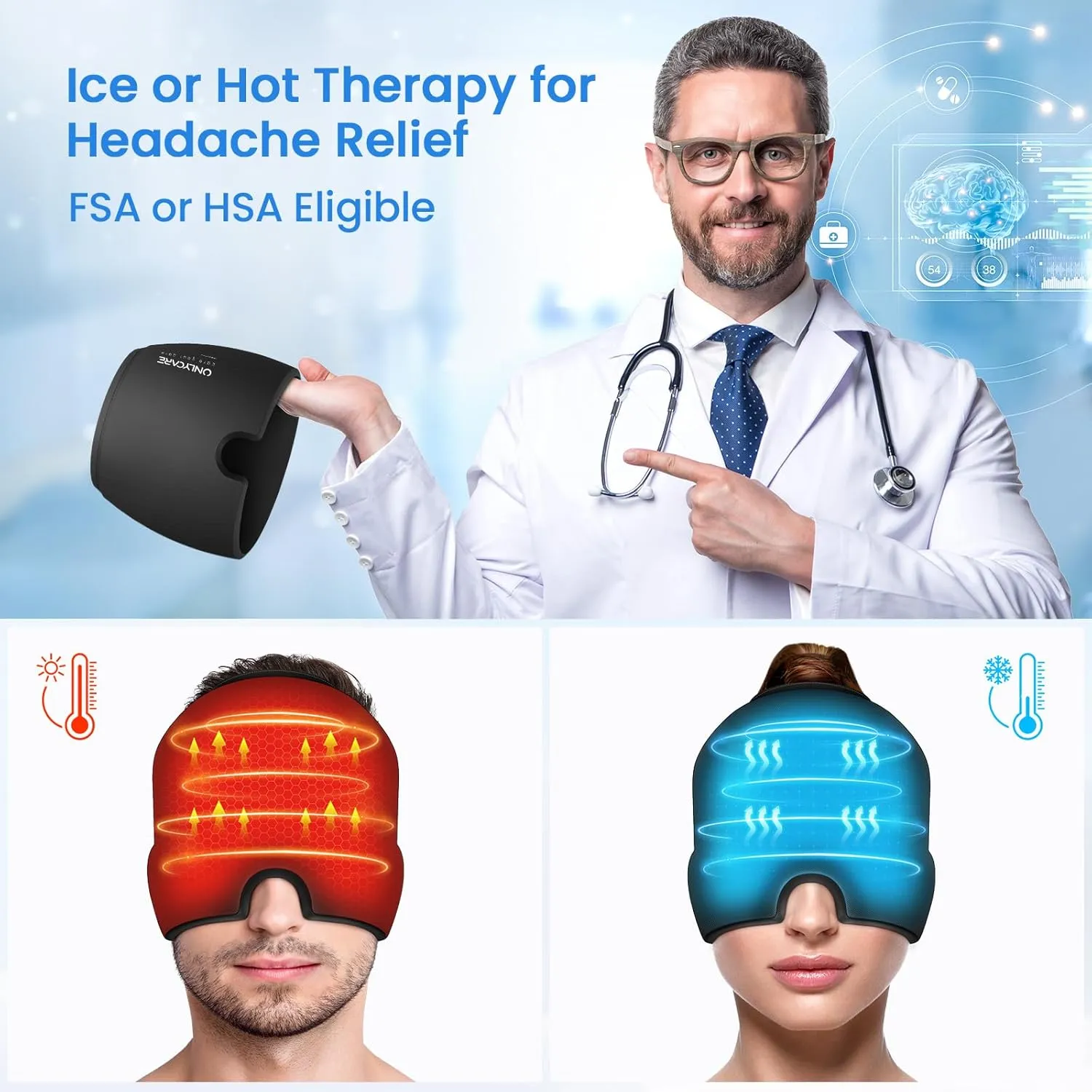 Migraine Relief Cap, ONLYCARE Headache Relief Cap PRO, Gel Ice Head Wrap for Hot and Cold Therapy, Ice Face Mask, Headache Ice Pack for Stress,Tension and Puffy Eyes