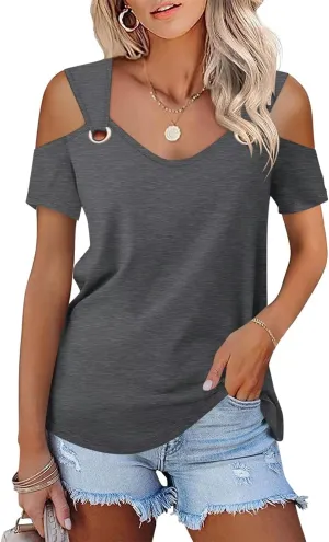 Minetom Women's Cold Shoulder Tops Short Sleeve V Neck T Shirts Basic Summer Tees