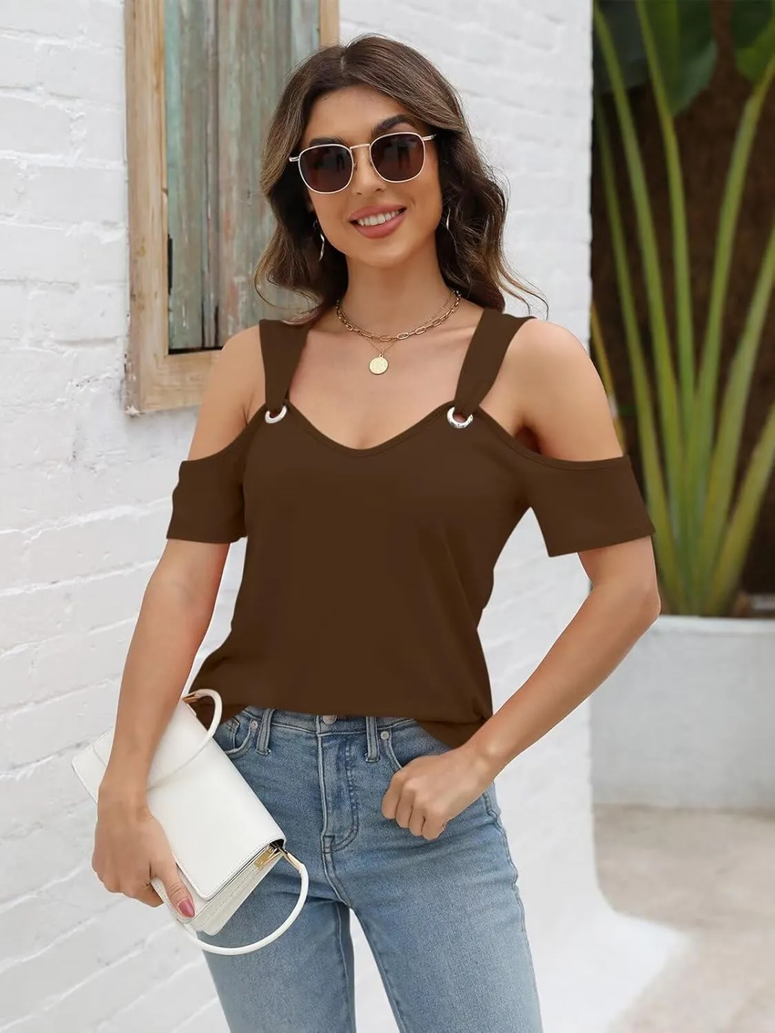 Minetom Women's Cold Shoulder Tops Short Sleeve V Neck T Shirts Basic Summer Tees