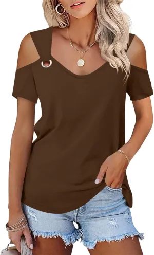 Minetom Women's Cold Shoulder Tops Short Sleeve V Neck T Shirts Basic Summer Tees