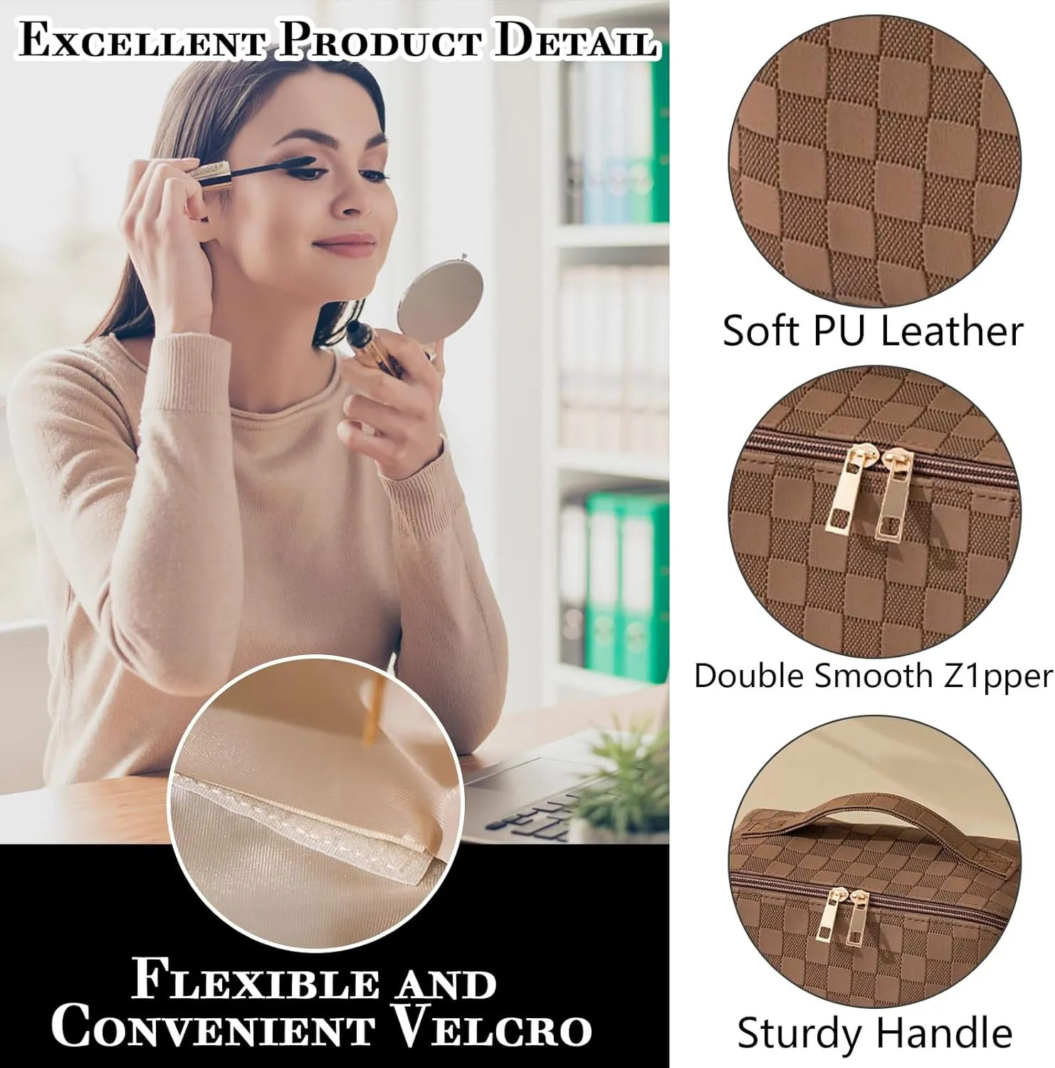 MINGRI Large Capacity Travel Cosmetic Bag for Women,Portable PU Leather Checkered Makeup Bag Water Resistant,Flat Open Multifunctional Storage Toiletry Bag with Divider and Handle (Brown)