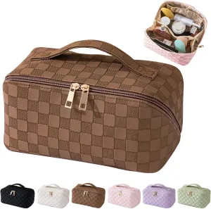 MINGRI Large Capacity Travel Cosmetic Bag for Women,Portable PU Leather Checkered Makeup Bag Water Resistant,Flat Open Multifunctional Storage Toiletry Bag with Divider and Handle (Brown)