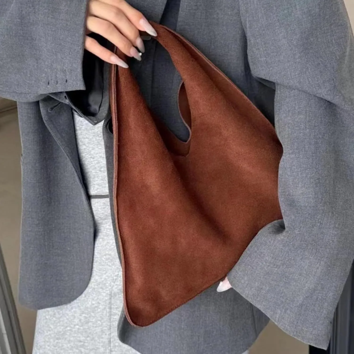 Minimalist Handbag Hobo Bag Faux Suede Soft Tote Bag Casual Large Purse Shoulder Bag Trendy Commuter Bag