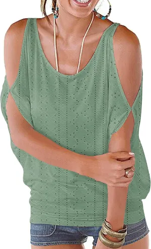Miselon Women Cold Shoulder O-Neck Short Sleeve Loose Fit Summer Shirt Blouse Tops