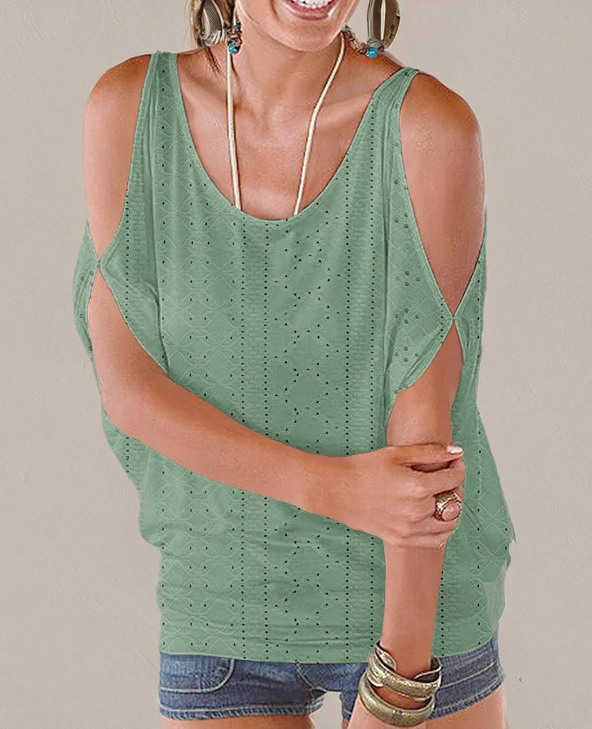 Miselon Women Cold Shoulder O-Neck Short Sleeve Loose Fit Summer Shirt Blouse Tops