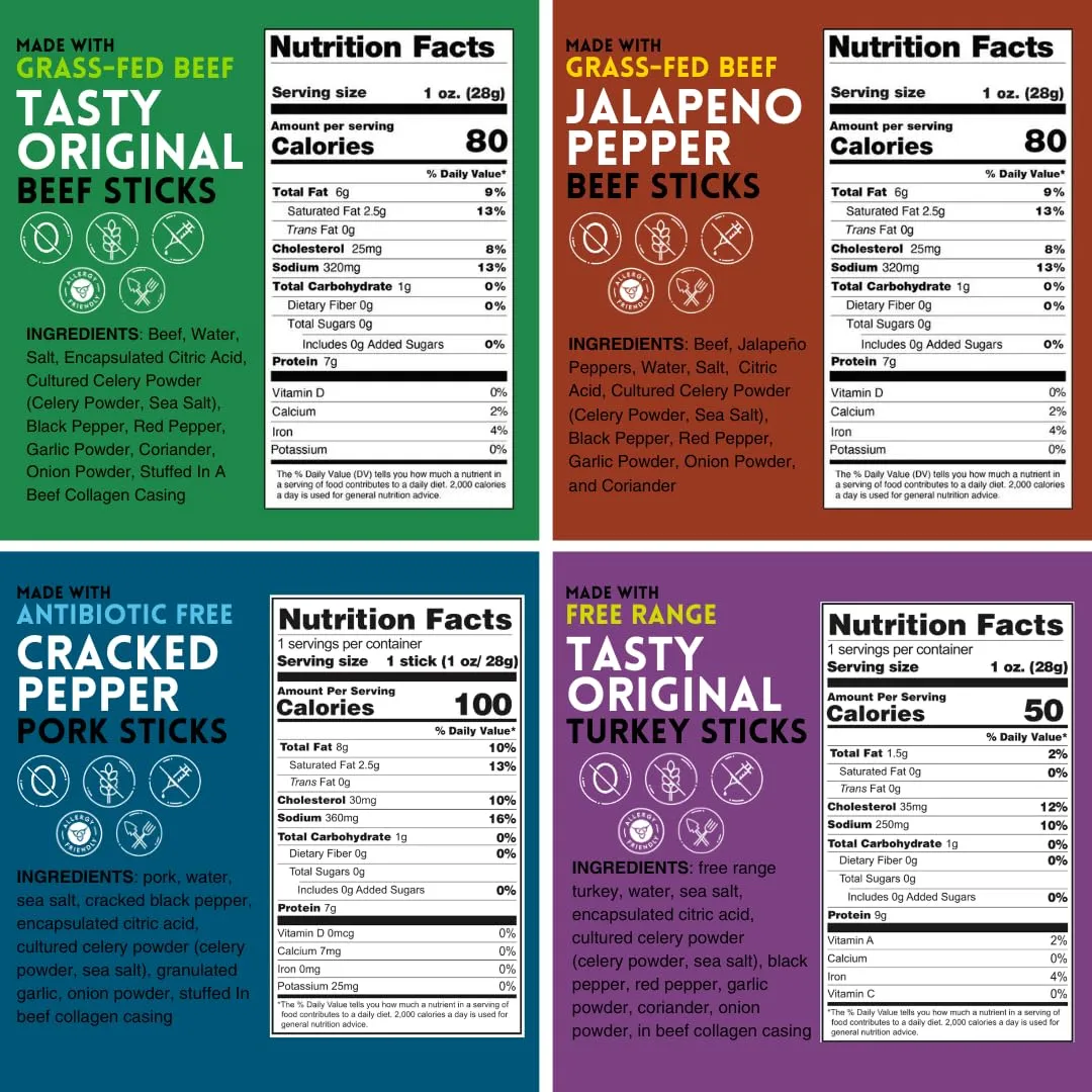Mission Meats Variety Pack with 100% Grass Fed Beef, Free Range Turkey, and Cracked Pepper Pork Sticks – Gluten & Sugar Free, Whole 30 and Paleo Friendly, 1oz (Pack of 24)