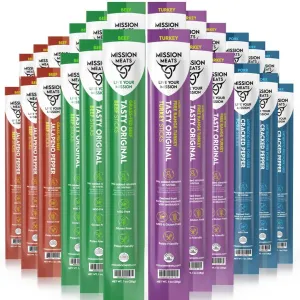 Mission Meats Variety Pack with 100% Grass Fed Beef, Free Range Turkey, and Cracked Pepper Pork Sticks – Gluten & Sugar Free, Whole 30 and Paleo Friendly, 1oz (Pack of 24)