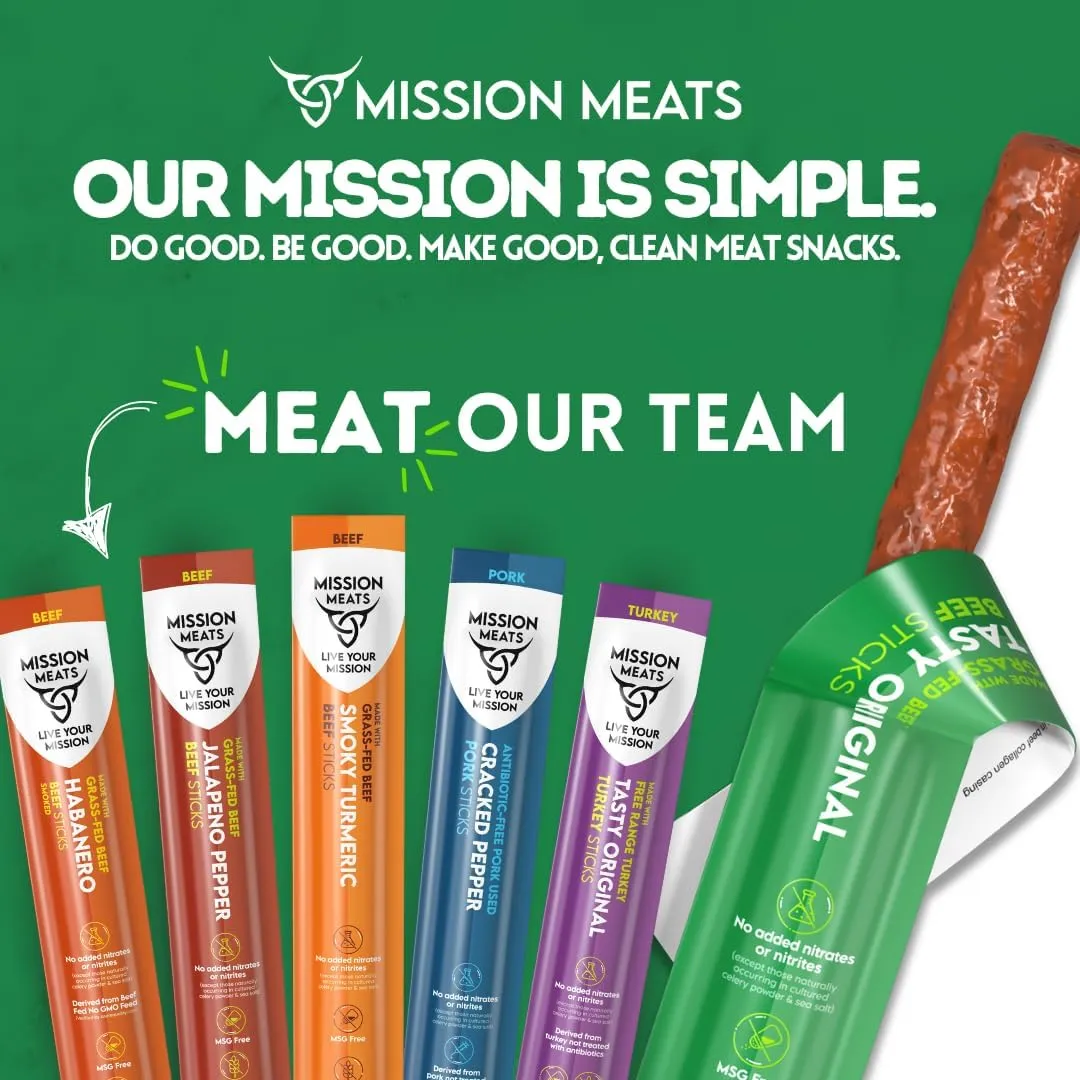 Mission Meats Variety Pack with 100% Grass Fed Beef, Free Range Turkey, and Cracked Pepper Pork Sticks – Gluten & Sugar Free, Whole 30 and Paleo Friendly, 1oz (Pack of 24)