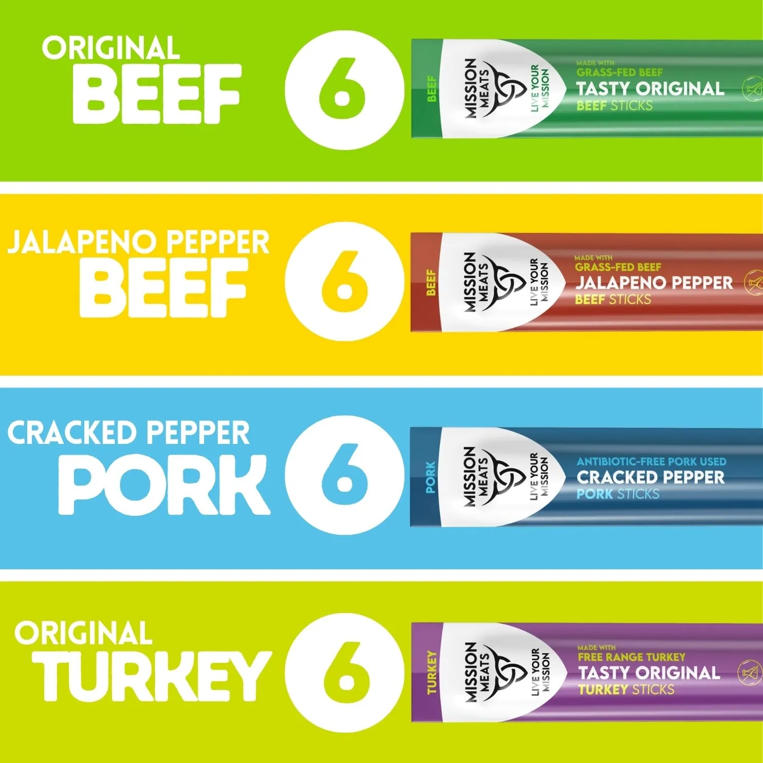 Mission Meats Variety Pack with 100% Grass Fed Beef, Free Range Turkey, and Cracked Pepper Pork Sticks – Gluten & Sugar Free, Whole 30 and Paleo Friendly, 1oz (Pack of 24)