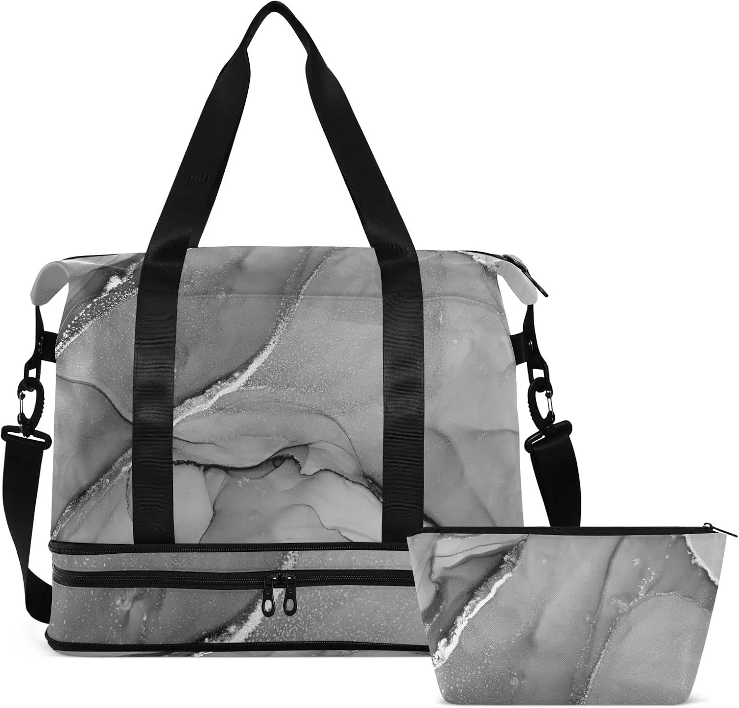 Mixing Acrylic Paints Grey Marble Texture Modern Art Gym Duffel Bag, Polyester Travel Weekender Luggage Handbag with Waterproof Pocket for Wet Items, Unisex Foldable Tote for Sports