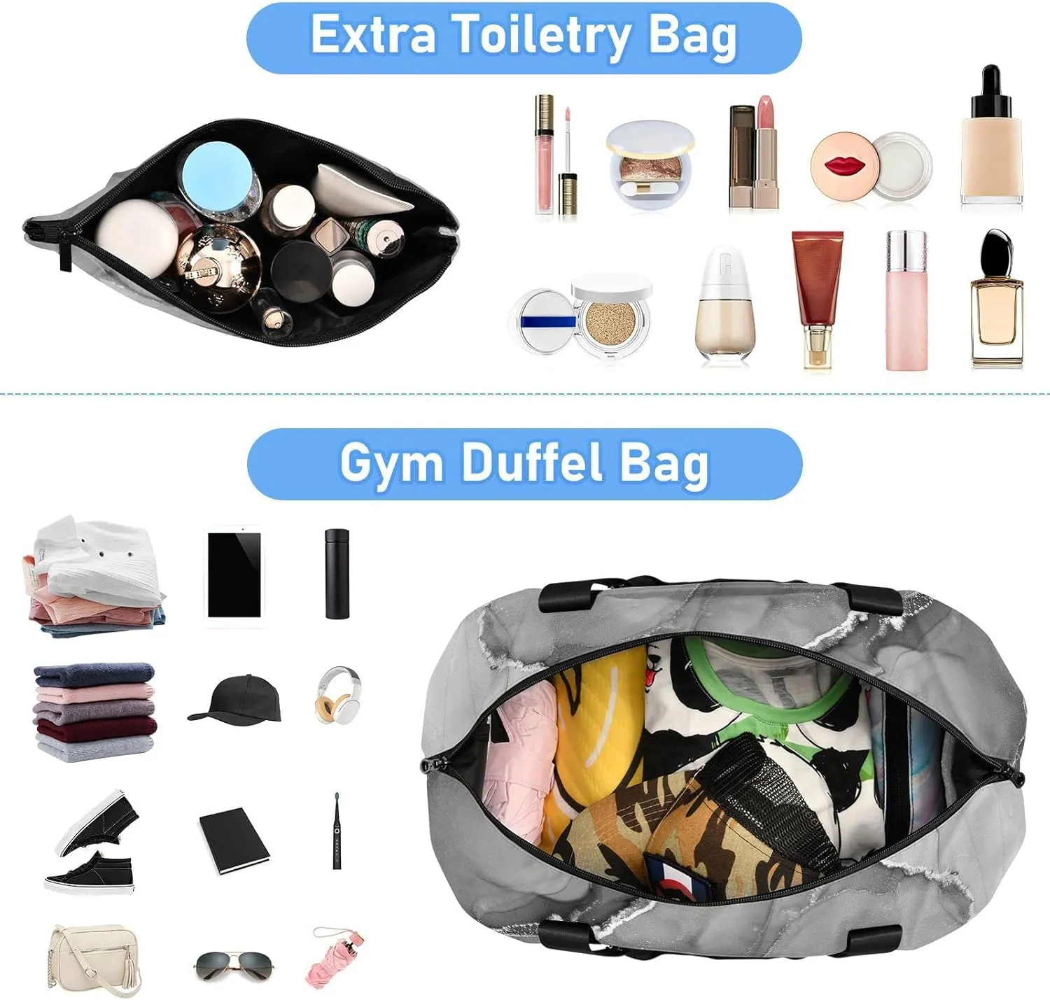 Mixing Acrylic Paints Grey Marble Texture Modern Art Gym Duffel Bag, Polyester Travel Weekender Luggage Handbag with Waterproof Pocket for Wet Items, Unisex Foldable Tote for Sports