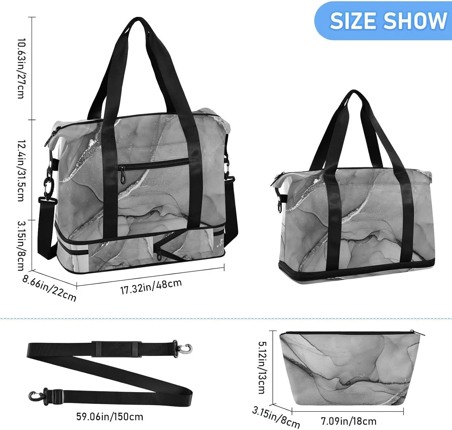 Mixing Acrylic Paints Grey Marble Texture Modern Art Gym Duffel Bag, Polyester Travel Weekender Luggage Handbag with Waterproof Pocket for Wet Items, Unisex Foldable Tote for Sports