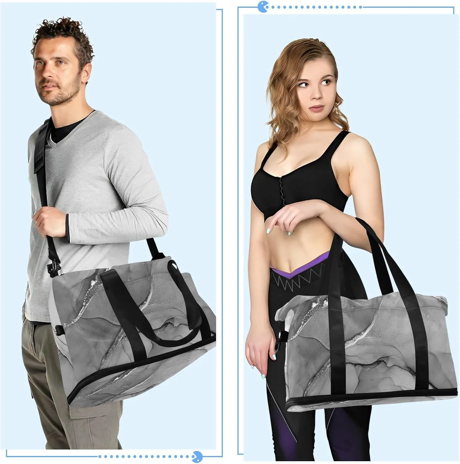 Mixing Acrylic Paints Grey Marble Texture Modern Art Gym Duffel Bag, Polyester Travel Weekender Luggage Handbag with Waterproof Pocket for Wet Items, Unisex Foldable Tote for Sports