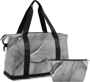 Mixing Acrylic Paints Grey Marble Texture Modern Art Gym Duffel Bag, Polyester Travel Weekender Luggage Handbag with Waterproof Pocket for Wet Items, Unisex Foldable Tote for Sports