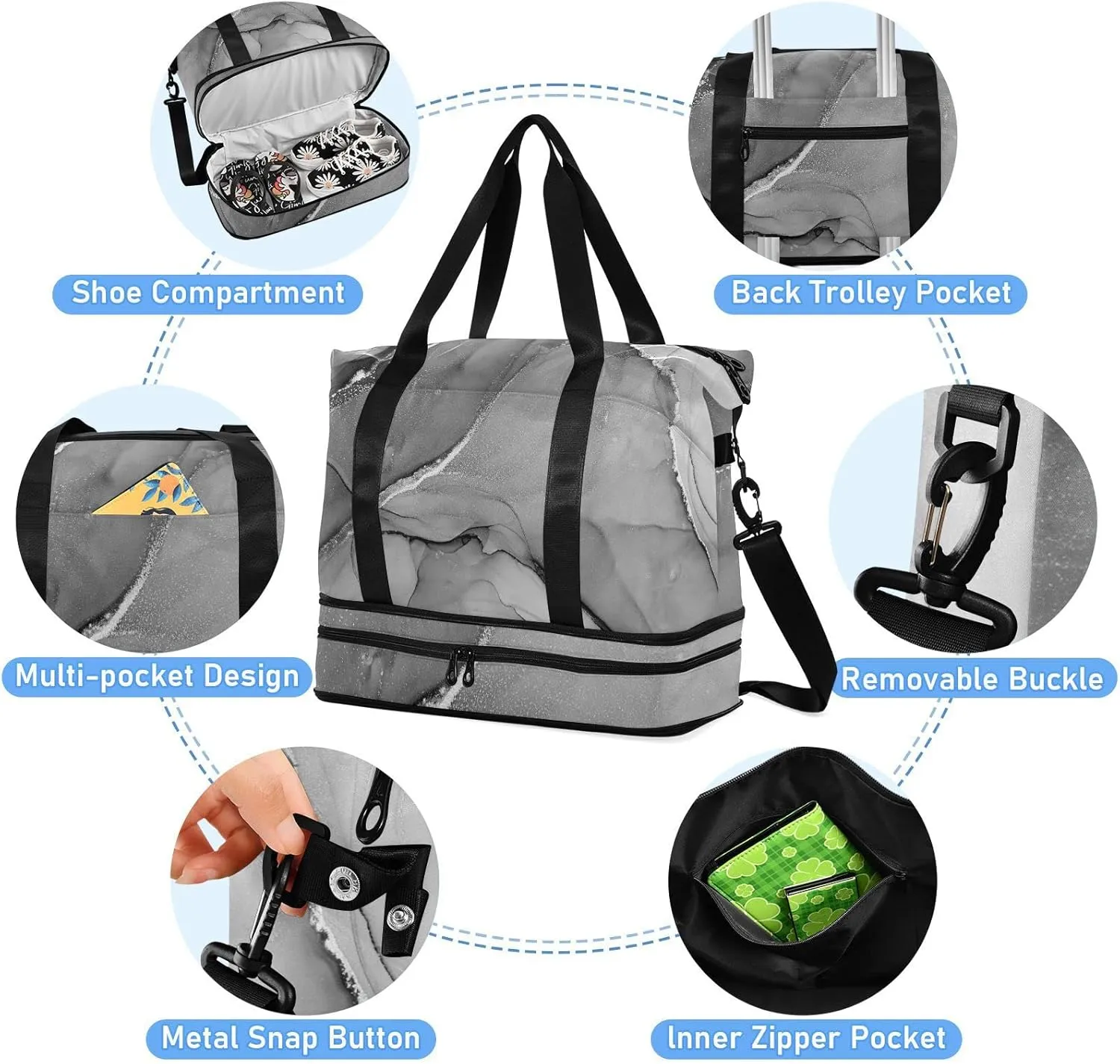 Mixing Acrylic Paints Grey Marble Texture Modern Art Gym Duffel Bag, Polyester Travel Weekender Luggage Handbag with Waterproof Pocket for Wet Items, Unisex Foldable Tote for Sports