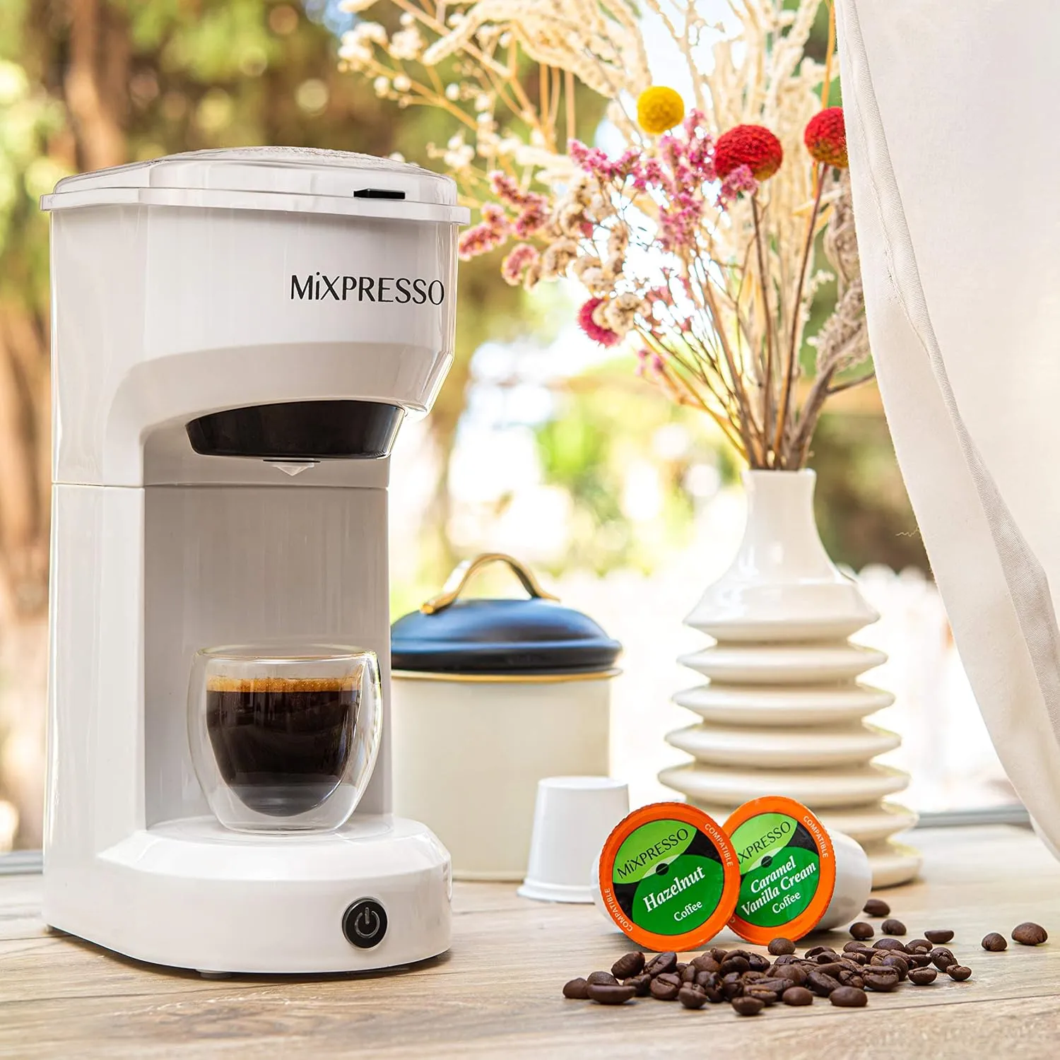 Mixpresso 2 in 1 Brewer Single Serve Coffee Maker for K Capsule and Ground Coffee, Single Cup Coffee Machine, Compact Size Mini Coffee Maker Quick Brew Technology 14oz White One Cup Coffee Maker