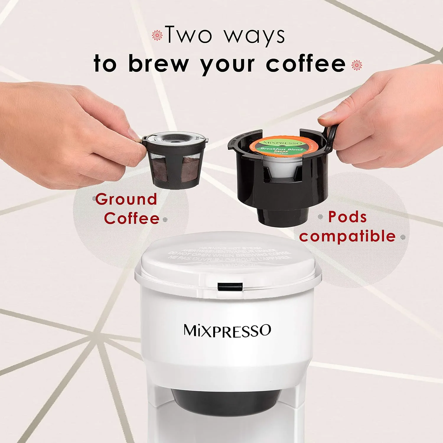 Mixpresso 2 in 1 Brewer Single Serve Coffee Maker for K Capsule and Ground Coffee, Single Cup Coffee Machine, Compact Size Mini Coffee Maker Quick Brew Technology 14oz White One Cup Coffee Maker