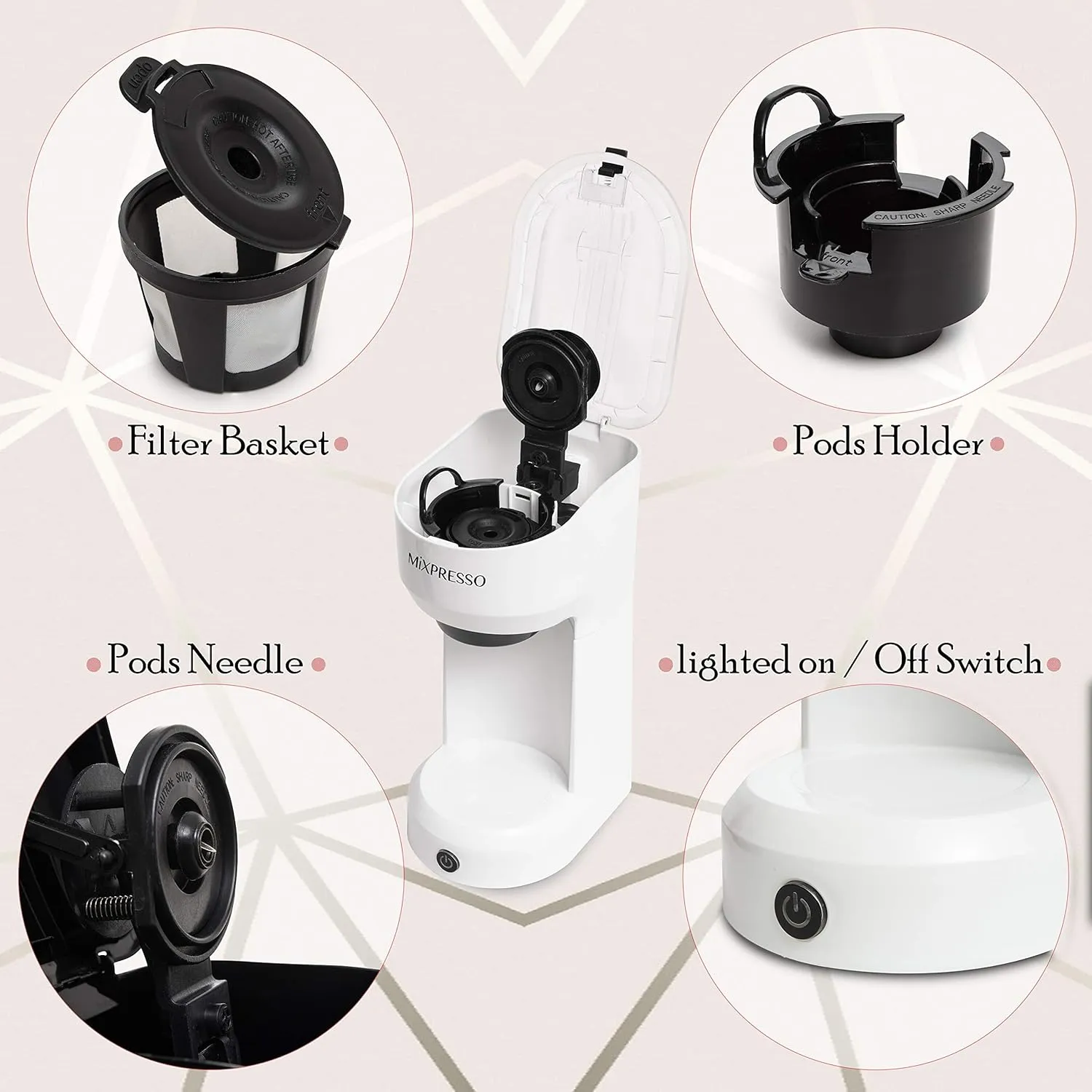 Mixpresso 2 in 1 Brewer Single Serve Coffee Maker for K Capsule and Ground Coffee, Single Cup Coffee Machine, Compact Size Mini Coffee Maker Quick Brew Technology 14oz White One Cup Coffee Maker