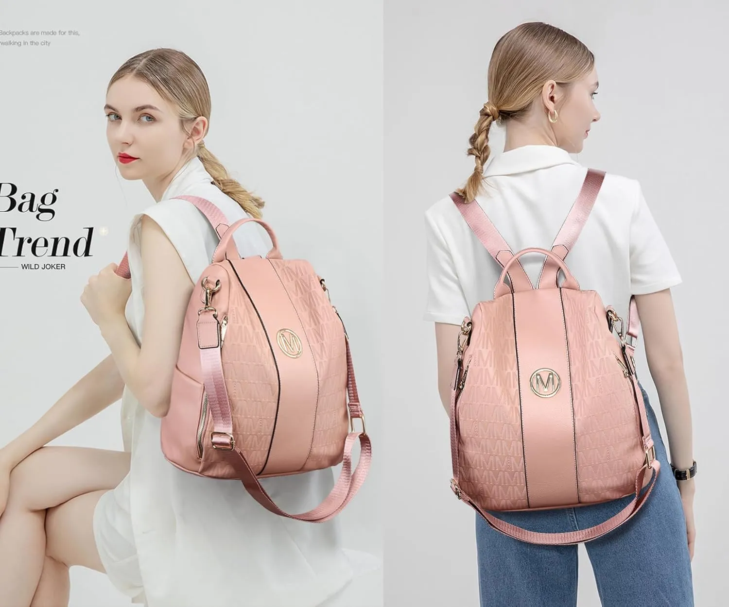 MKP COLLECTION Women Fashion Backpack Purse Multi Pockets Anti-Theft Rucksack Travel Shoulder Bag Handbag Set 2pcs
