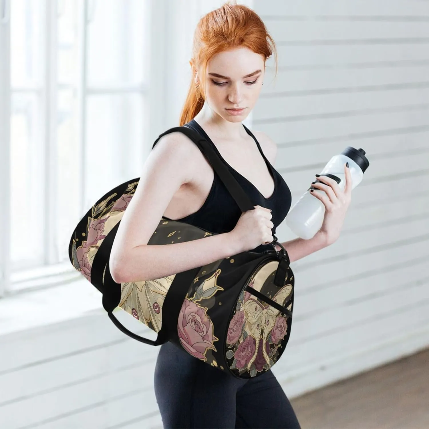MNSRUU Sports Duffel Bags, Pink Rose Moth Athletic Gym Bag Overnight Workout Travel Tote Luggage for Men Women Yoga