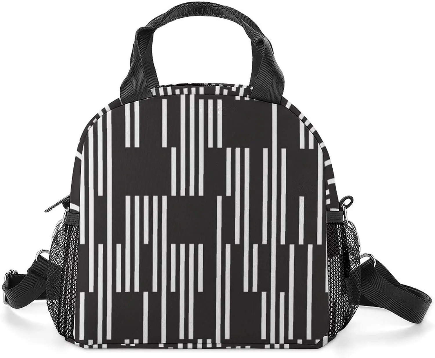MoBlinko Black White Vertical Segments Insulated Lunch Bags Stripes Adult Lunch Box with Shoulder Strap Portable Cooler Bags for Office Picnic Hiking