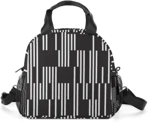MoBlinko Black White Vertical Segments Insulated Lunch Bags Stripes Adult Lunch Box with Shoulder Strap Portable Cooler Bags for Office Picnic Hiking