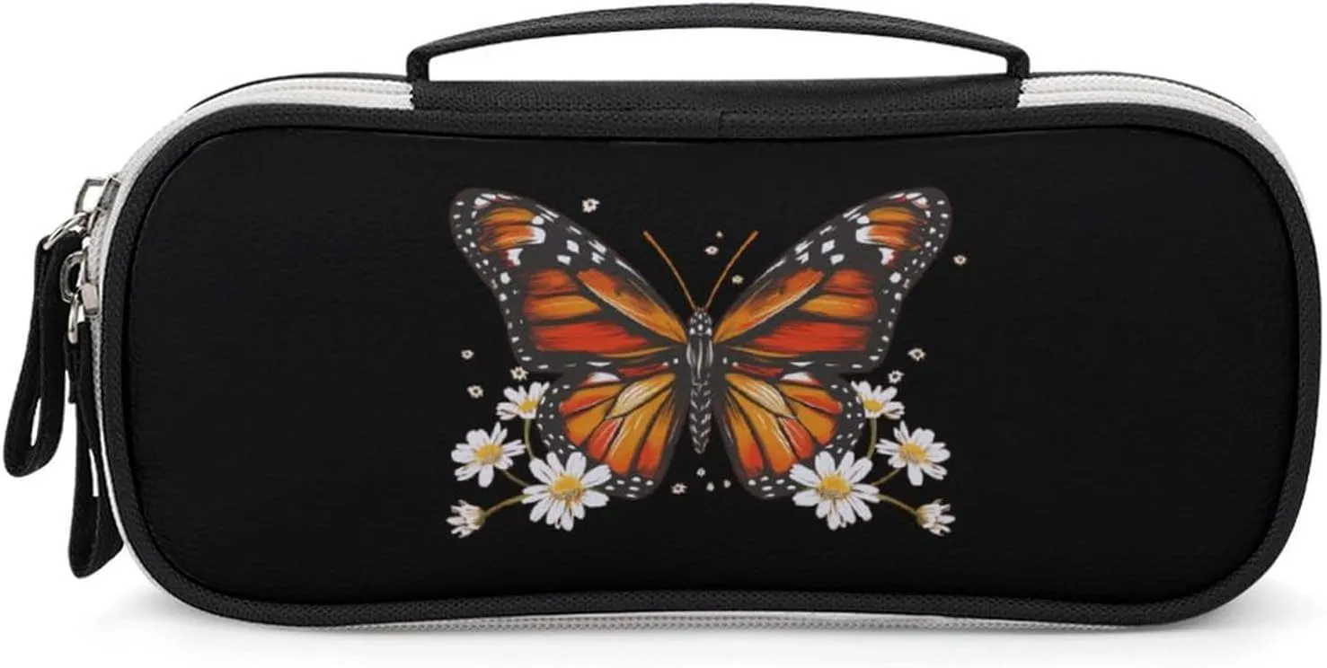 Monarch Butterfly Daisy Flowers Pencil Bag Travel Cosmetic Makeup Pouch Portable Stationery Organizer for Women