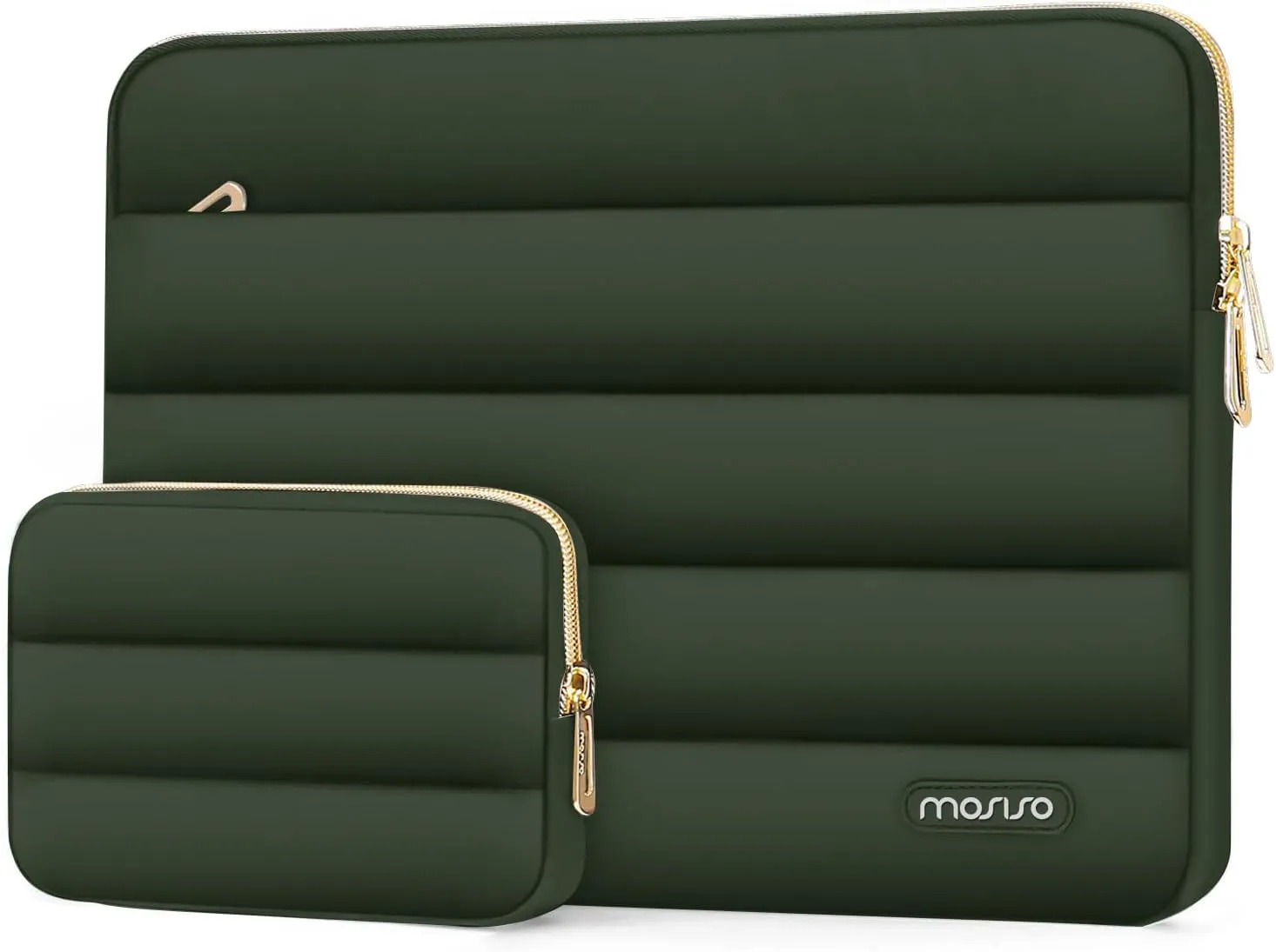 MOSISO 13-14 inch Laptop Case, 13.3 inch Puffy Laptop Sleeve Compatible with MacBook Air 13 13.6 M3 M2 M1/Pro 13/Pro 14, HP, Dell, ASUS, Lenovo, Polyester Horizontal Bag with Small Case, Army Green