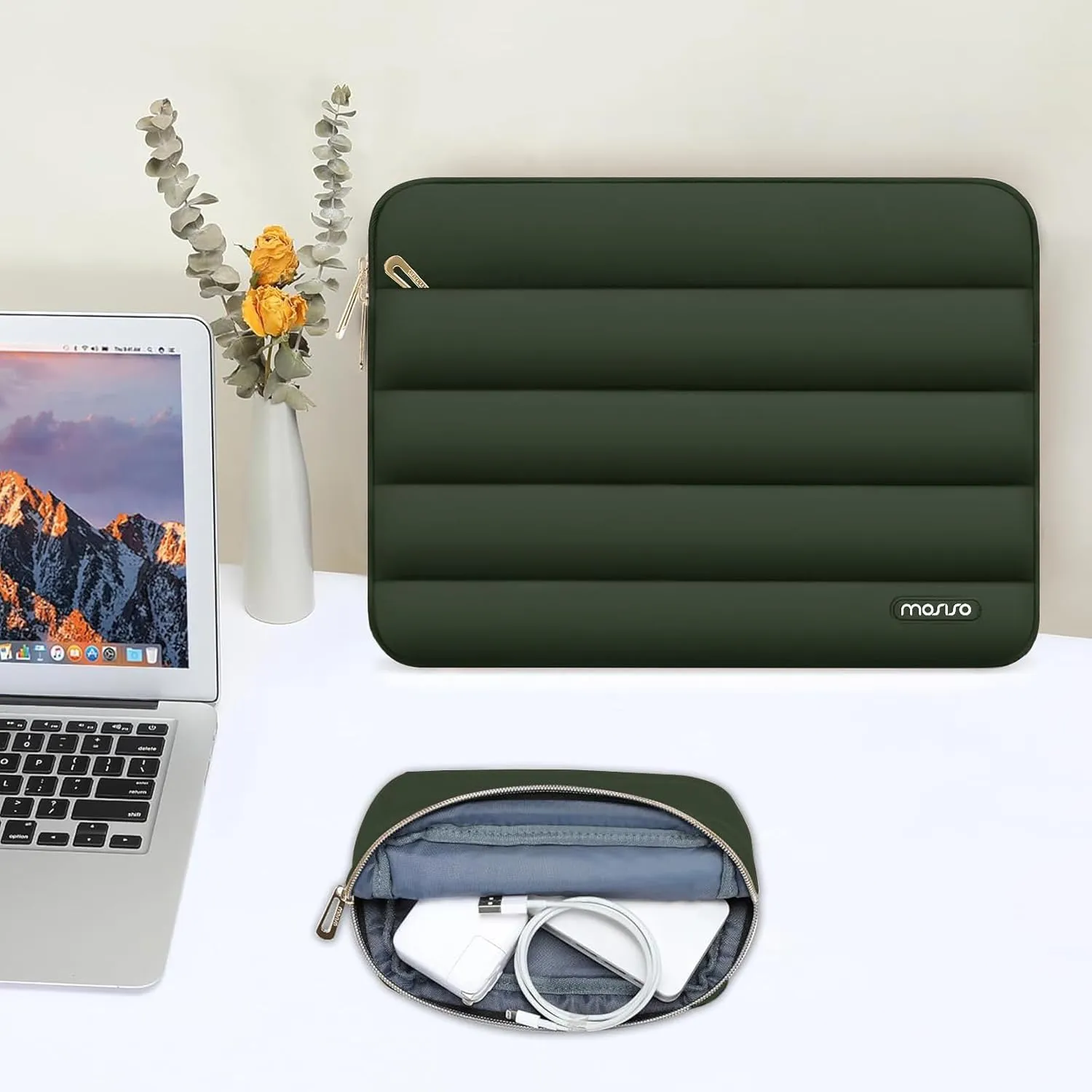 MOSISO 13-14 inch Laptop Case, 13.3 inch Puffy Laptop Sleeve Compatible with MacBook Air 13 13.6 M3 M2 M1/Pro 13/Pro 14, HP, Dell, ASUS, Lenovo, Polyester Horizontal Bag with Small Case, Army Green