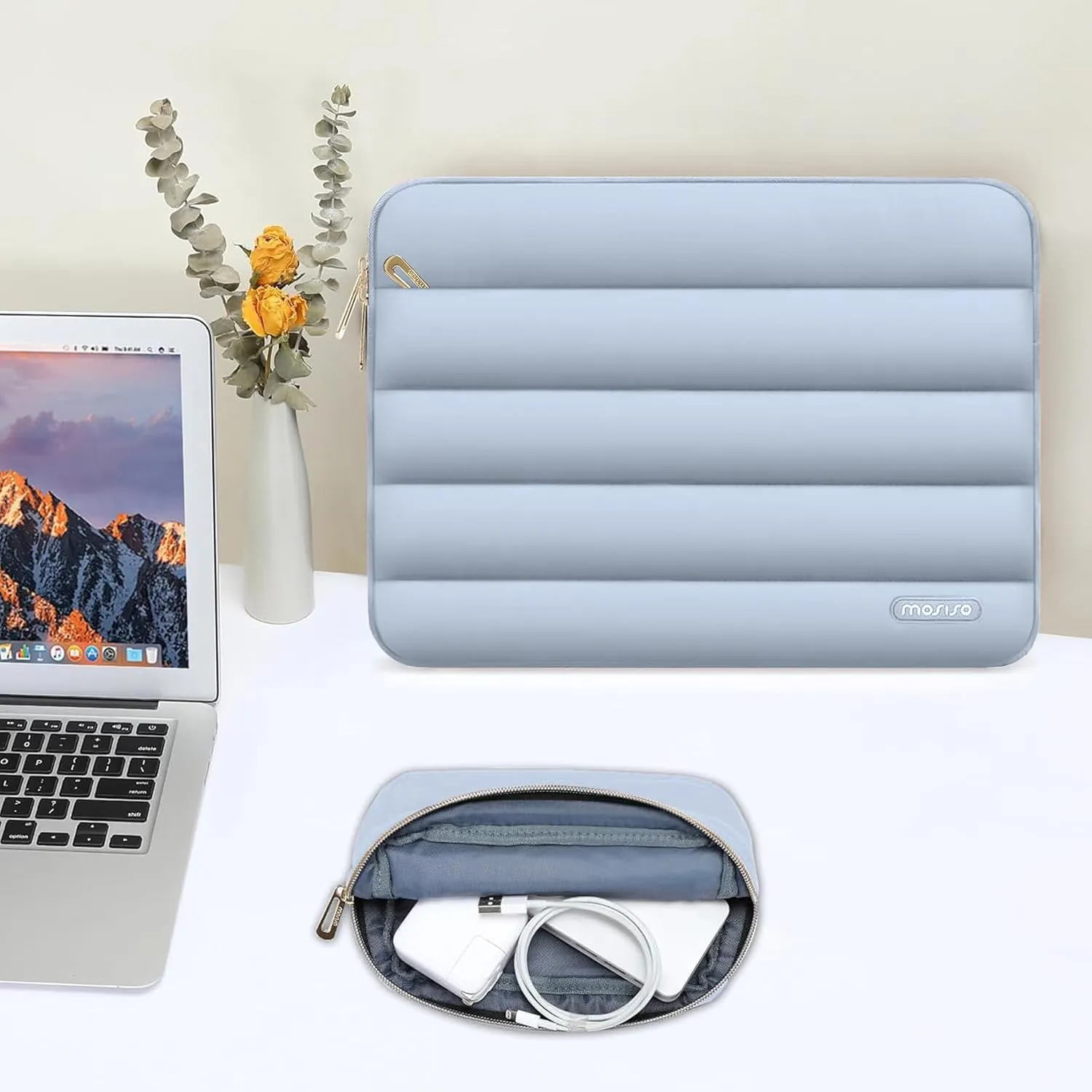 MOSISO 13-14 inch Laptop Case, 13.3 inch Puffy Laptop Sleeve Compatible with MacBook Air 13 13.6 M3 M2 M1/Pro 13/Pro 14, HP, Dell, ASUS, Lenovo, Polyester Horizontal Bag with Small Case, Baby Blue