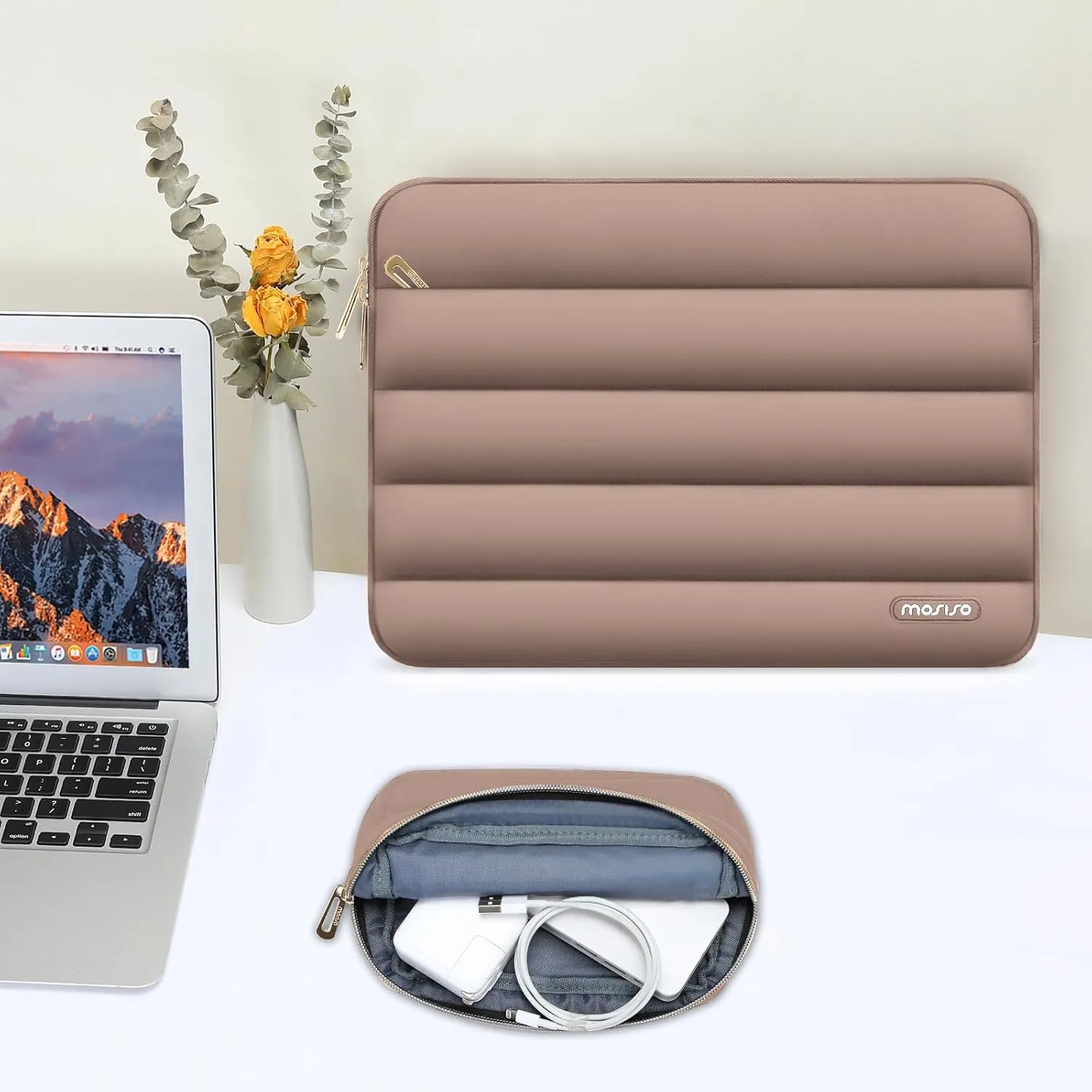 MOSISO 13-14 inch Laptop Case, 13.3 inch Puffy Laptop Sleeve Compatible with MacBook Air 13 13.6 M3 M2 M1/Pro 13/Pro 14, HP, Dell, ASUS, Lenovo, Polyester Horizontal Bag with Small Case, Brown