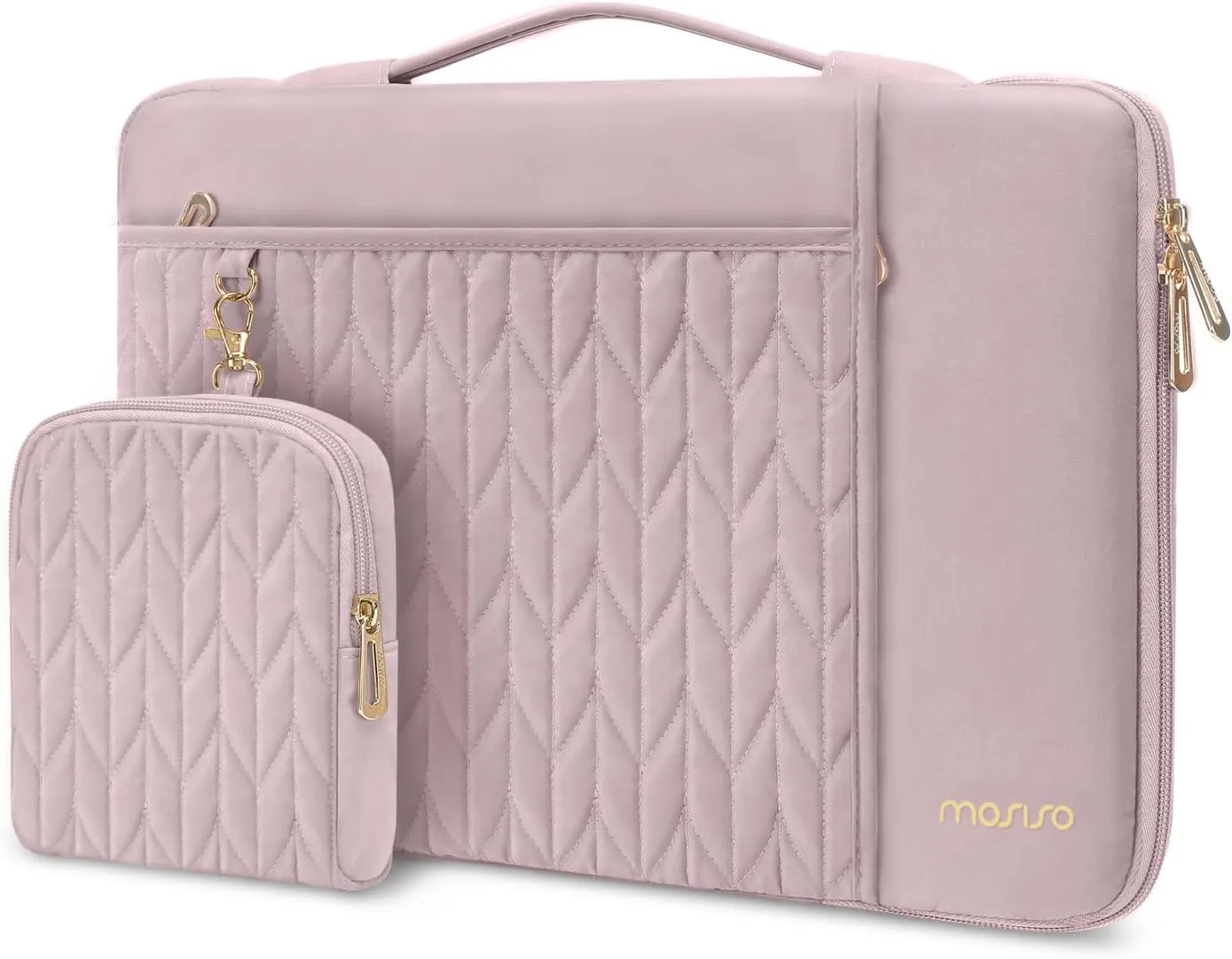 MOSISO 13-14 inch Laptop Sleeve Compatible with MacBook Air/Pro 13/Pro 14 inch, 13.3 inch Carrying Case Petal Quilted Bag with Horizontal&Vertical Pockets&Small Case&Handle&Belt, Pink