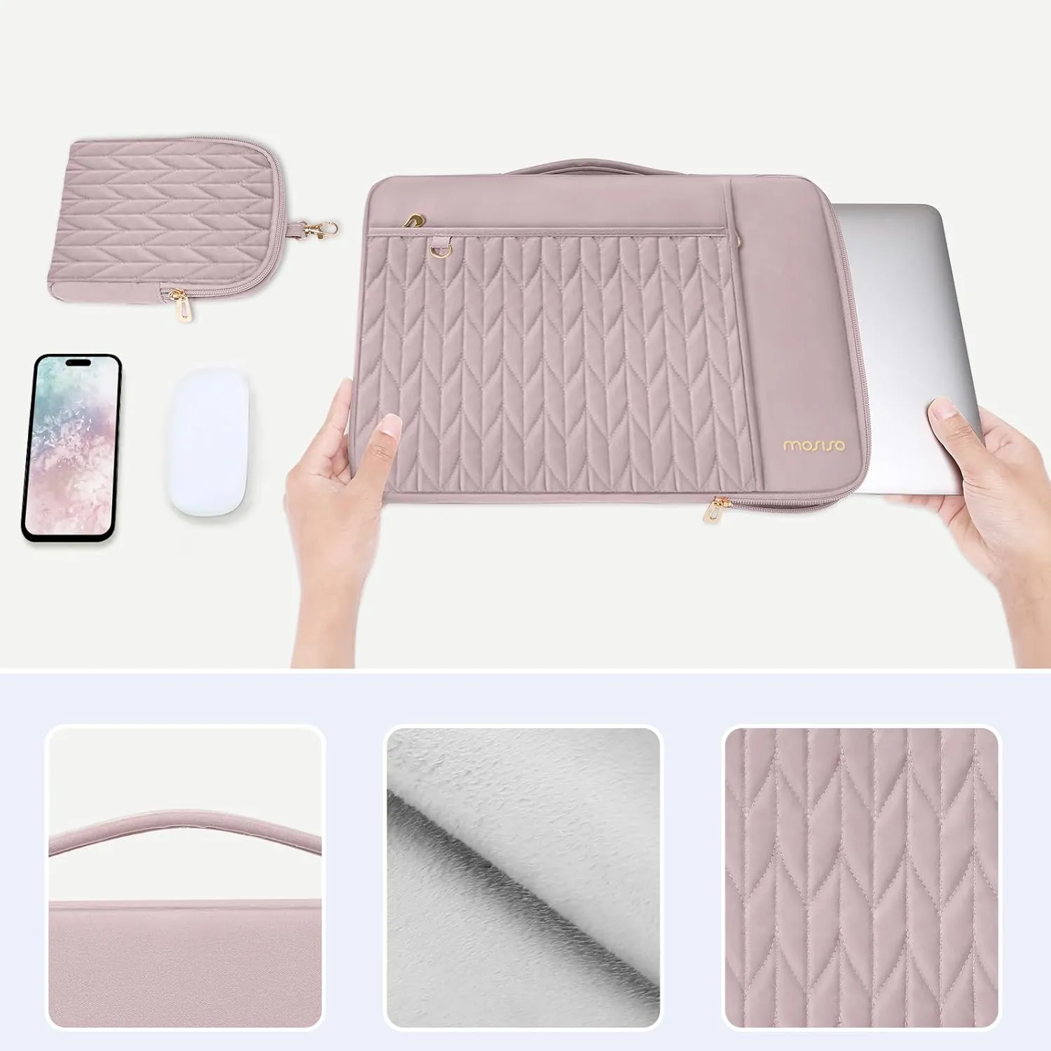 MOSISO 13-14 inch Laptop Sleeve Compatible with MacBook Air/Pro 13/Pro 14 inch, 13.3 inch Carrying Case Petal Quilted Bag with Horizontal&Vertical Pockets&Small Case&Handle&Belt, Pink