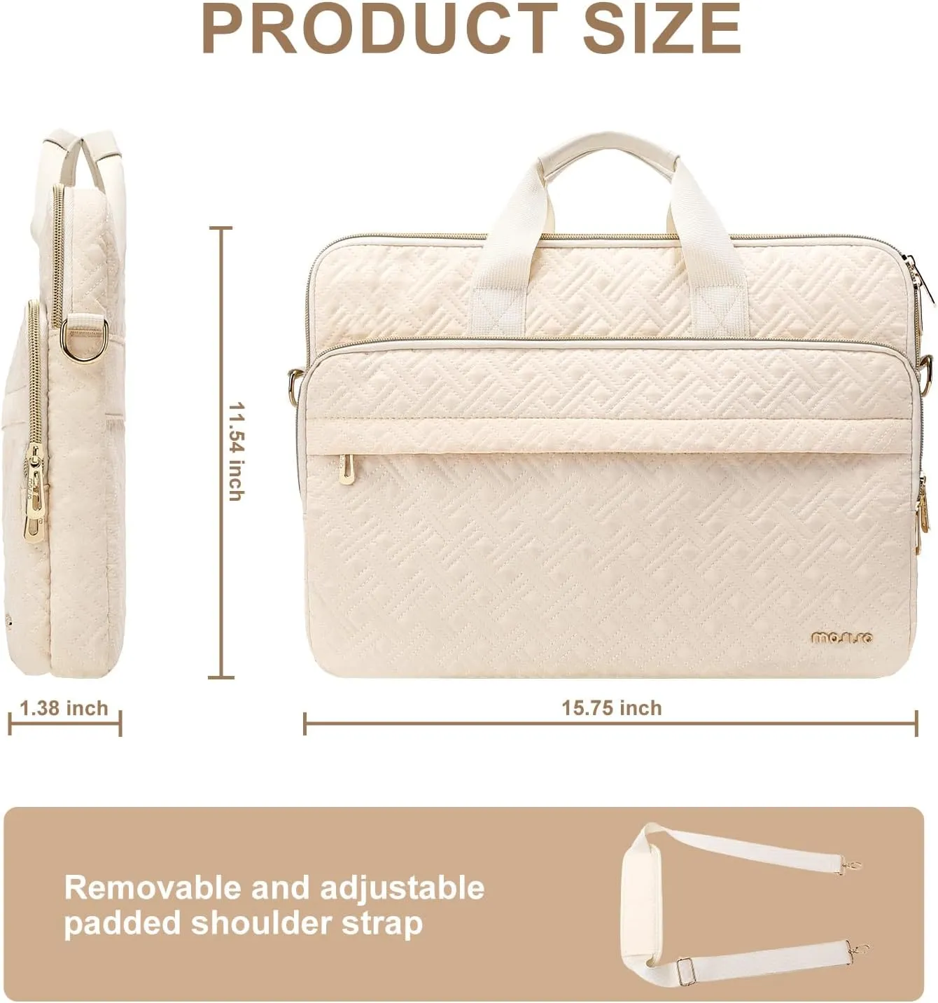 MOSISO 15-15.6 inch Laptop Bag for Women&Men, 16 inch Double Line Rhombus Quilted Briefcase Computer Messenger Bag Office Work Business with 2 Front Pockets&Strap, Beige