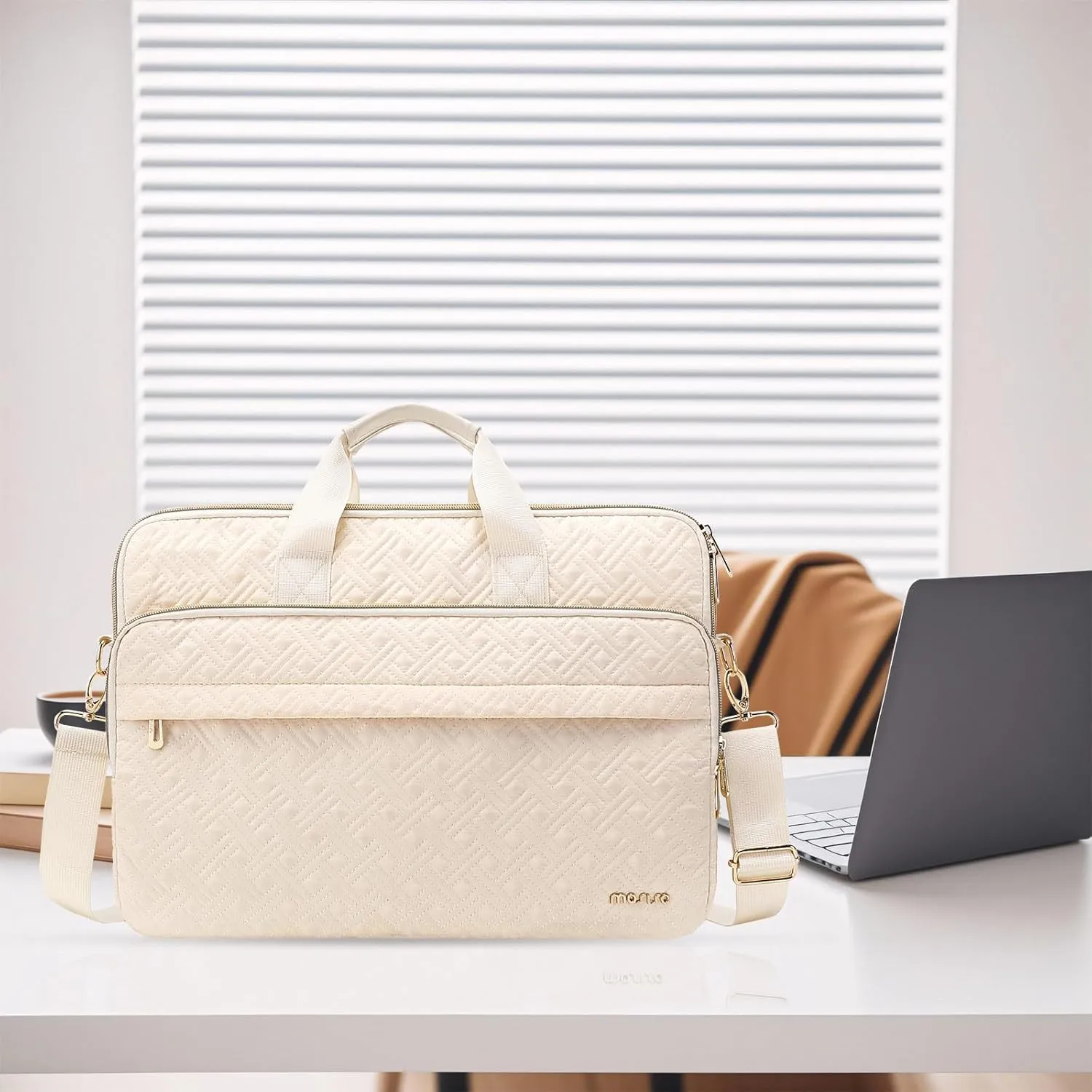 MOSISO 15-15.6 inch Laptop Bag for Women&Men, 16 inch Double Line Rhombus Quilted Briefcase Computer Messenger Bag Office Work Business with 2 Front Pockets&Strap, Beige