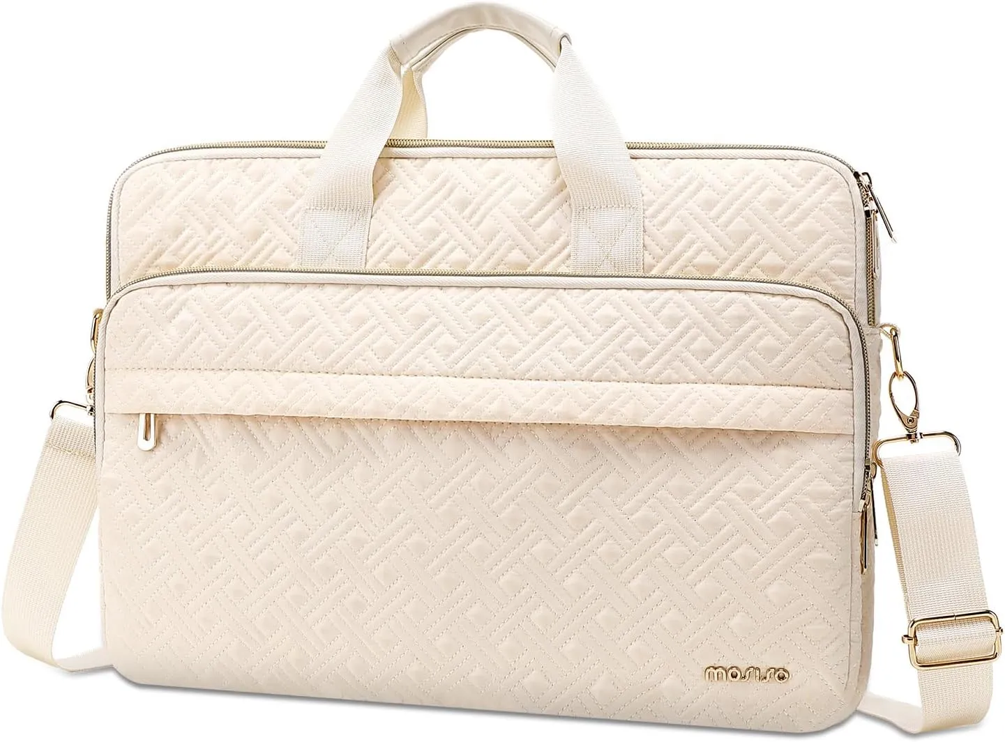 MOSISO 15-15.6 inch Laptop Bag for Women&Men, 16 inch Double Line Rhombus Quilted Briefcase Computer Messenger Bag Office Work Business with 2 Front Pockets&Strap, Beige