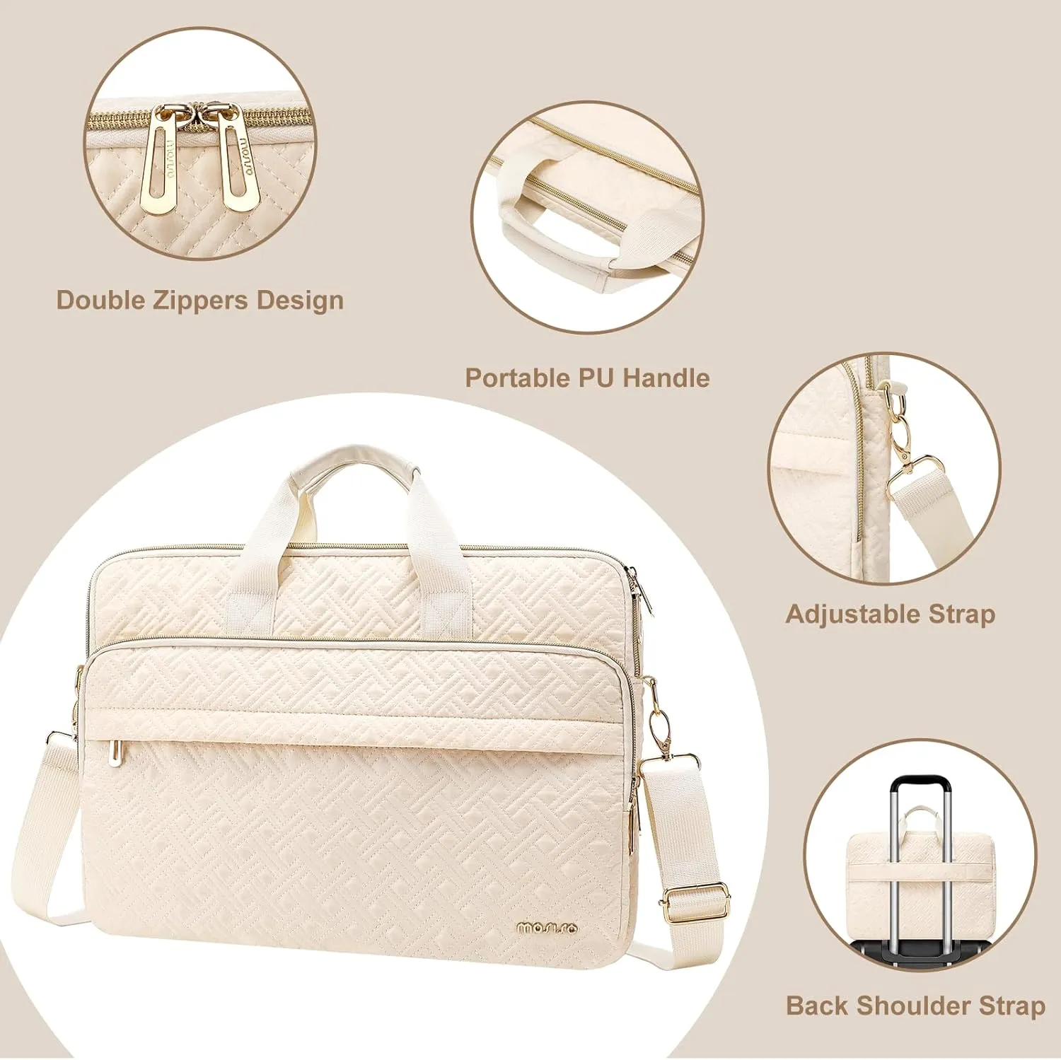 MOSISO 15-15.6 inch Laptop Bag for Women&Men, 16 inch Double Line Rhombus Quilted Briefcase Computer Messenger Bag Office Work Business with 2 Front Pockets&Strap, Beige