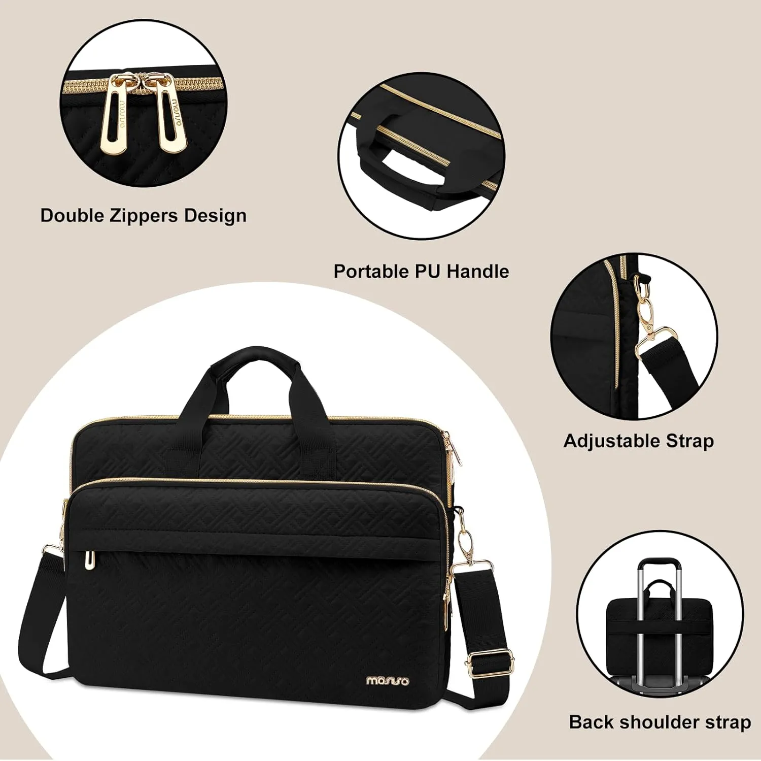 MOSISO 15-15.6 inch Laptop Bag for Women&Men, 16 inch Double Line Rhombus Quilted Briefcase Computer Messenger Bag Office Work Business with 2 Front Pockets&Strap, Black