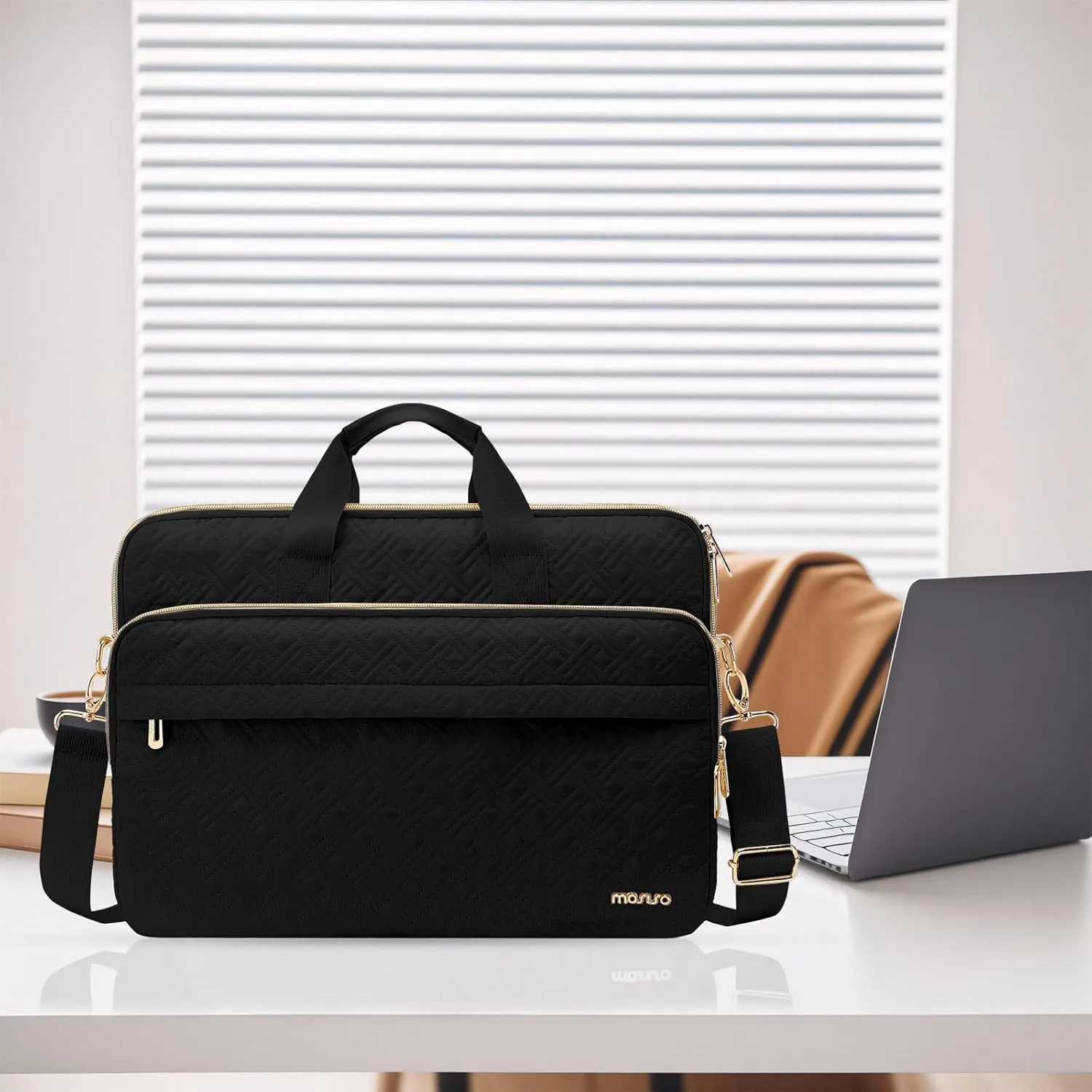 MOSISO 15-15.6 inch Laptop Bag for Women&Men, 16 inch Double Line Rhombus Quilted Briefcase Computer Messenger Bag Office Work Business with 2 Front Pockets&Strap, Black