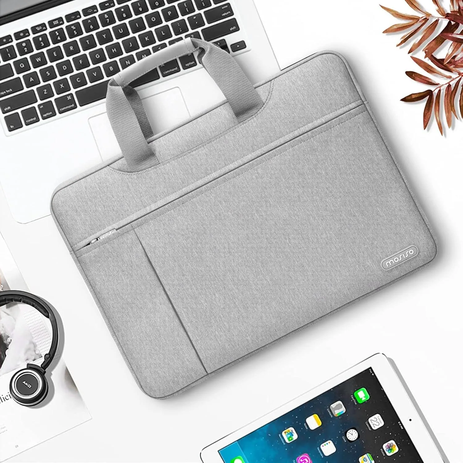 MOSISO 360 Protective Laptop Shoulder Bag Compatible with MacBook Air 15 inch M2 A2941 2023/Pro 16 2023-2019,15-15.6 inch Notebook with Front Horizontal&Vertical Pockets&Fix Handle&Belt, Gray