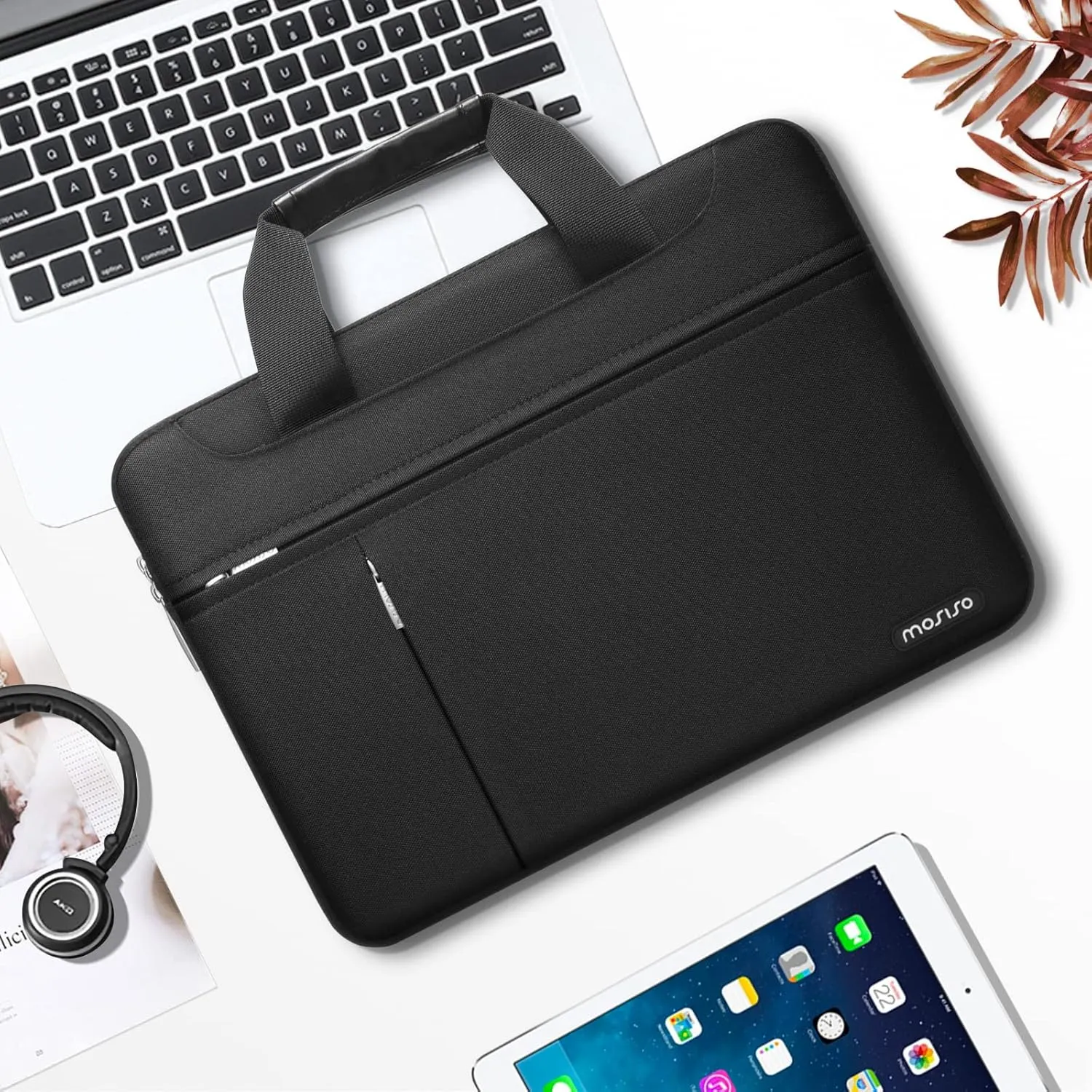 MOSISO 360 Protective Laptop Shoulder Bag Compatible with MacBook Air/Pro,13-13.3 inch Notebook,Compatible with MacBook Pro 14 inch with Front Horizontal&Vertical Pockets&Fix Handle&Belt, Black