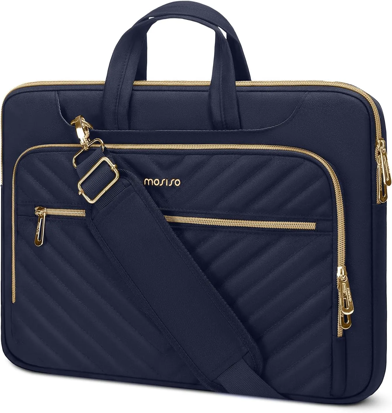 MOSISO 360 Protective Laptop Shoulder Bag,15-15.6 inch Computer Bag Compatible with MacBook Pro 16, HP, Dell, Asus Notebook,Messenger Briefcase with Front Quilted Raised Horizontal Pockets, Navy Blue