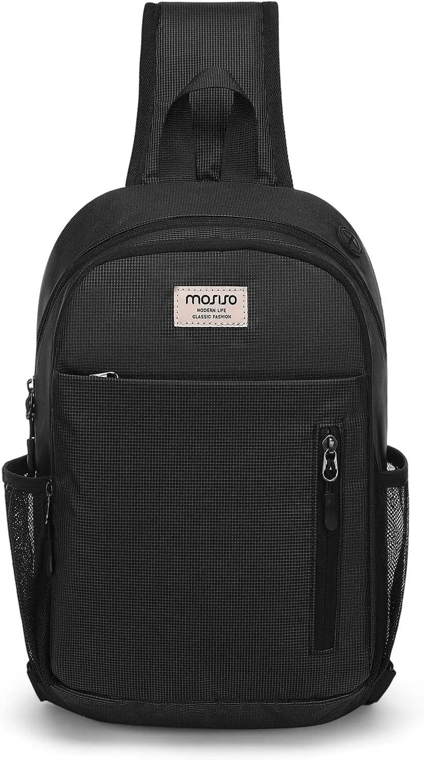 MOSISO Crossbody Sling Bag Sling Backpack for Men, 3 Layer Over Shoulder Bag Cross Body Chest Daypack Purse with Front Vertical Pocket for Travel Hiking Casual Commuting, Black