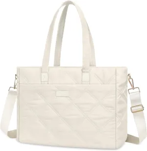 MOSISO Laptop Bag for Women, 15-15.6 inch Rhombus Quilted Laptop Tote Bag for Women with Horizontal Pocket & Trolley Belt,16 inch Large Capacity Work Handbag Purse for Travel Work Office, Beige