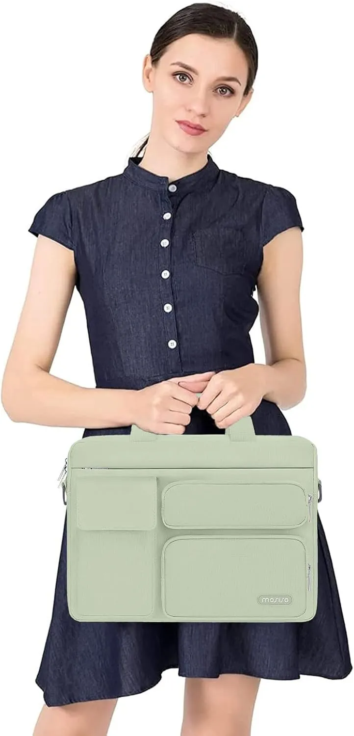 MOSISO Laptop Shoulder Bag Compatible with MacBook Air 13 inch M4 M3 M2 M1 2025-2018/Pro M2 M1 2025-2016 with 2 Raised&1 Flapover&1 Horizontal Pocket&Handle&Belt, Sage Green