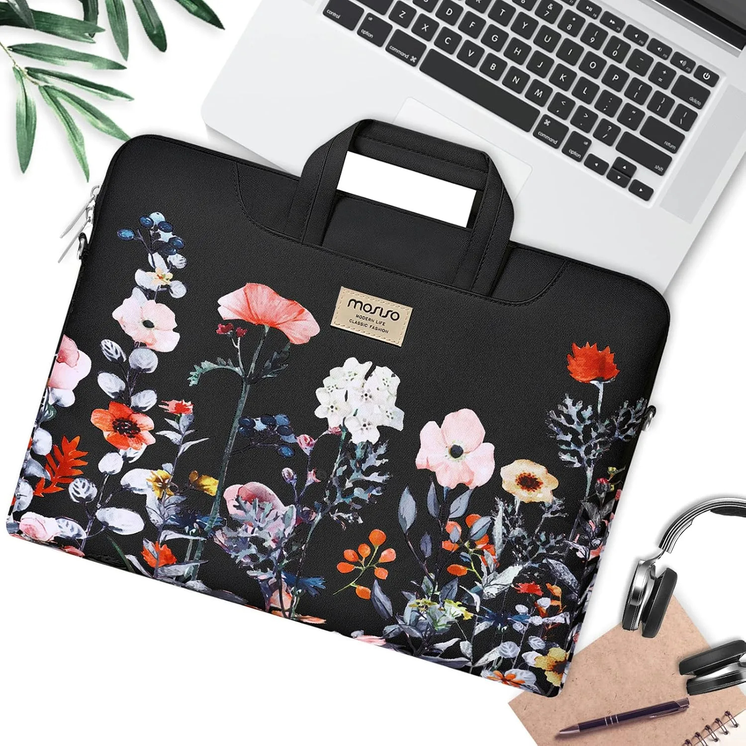MOSISO Laptop Shoulder Bag Compatible with MacBook Air 15 inch M2 A2941 2023/Pro 16 2023-2019 M3 A2991 M2 A2780 M1 A2485 A2141,15-15.6 inch Notebook, Garden Flowers Briefcase with Belt, Black