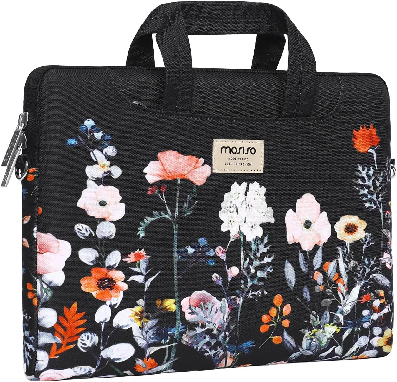 MOSISO Laptop Shoulder Bag Compatible with MacBook Air 15 inch M2 A2941 2023/Pro 16 2023-2019 M3 A2991 M2 A2780 M1 A2485 A2141,15-15.6 inch Notebook, Garden Flowers Briefcase with Belt, Black