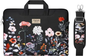 MOSISO Laptop Shoulder Bag Compatible with MacBook Air 15 inch M2 A2941 2023/Pro 16 2023-2019 M3 A2991 M2 A2780 M1 A2485 A2141,15-15.6 inch Notebook, Garden Flowers Briefcase with Belt, Black